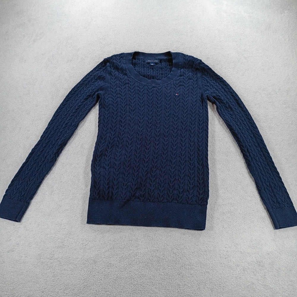 Tommy Hilfiger Womens Cable Knit Sweater Navy Blue Small Cotton Scoop Neck